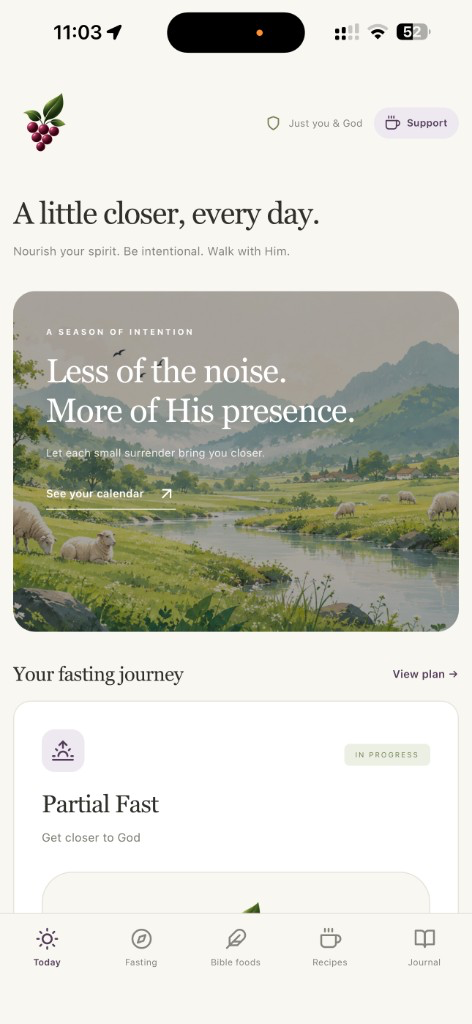Vineyard Today screen with daily Scripture and a fasting plan in progress